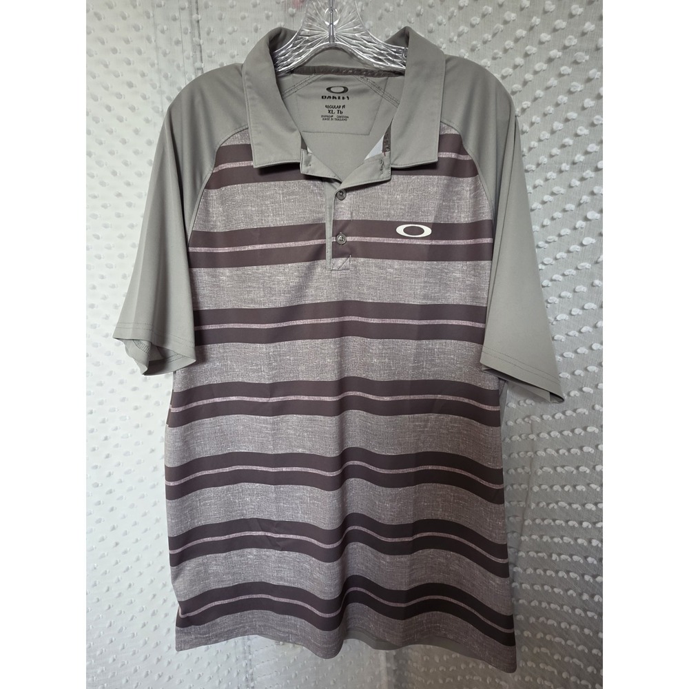 OAKLEY Polo Shirt‎ Mens XL Hydrolix Gray Striped Golf Regular Fit Polyester